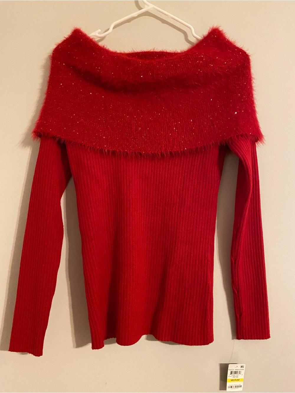 INC International Concepts Red Off-the-Shoulder Ribbed Sweater with Fuzzy Trim